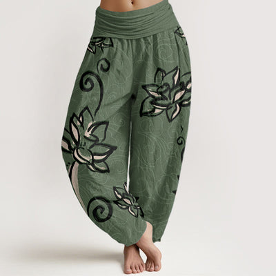 Buddha Stones Pure Cotton Casual Lotus Auspicious Clouds Design Women's Elastic Waist Harem Pants