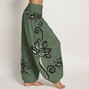 Buddha Stones Pure Cotton Casual Lotus Auspicious Clouds Design Women's Elastic Waist Harem Pants