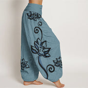Buddha Stones Pure Cotton Casual Lotus Auspicious Clouds Design Women's Elastic Waist Harem Pants