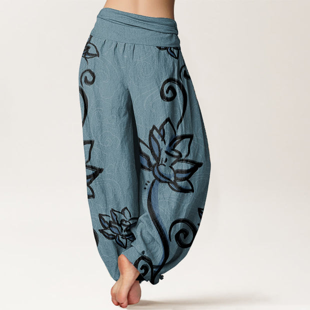 Buddha Stones Pure Cotton Casual Lotus Auspicious Clouds Design Women's Elastic Waist Harem Pants