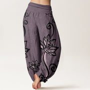 Buddha Stones Pure Cotton Casual Lotus Auspicious Clouds Design Women's Elastic Waist Harem Pants