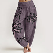 Buddha Stones Pure Cotton Casual Lotus Auspicious Clouds Design Women's Elastic Waist Harem Pants