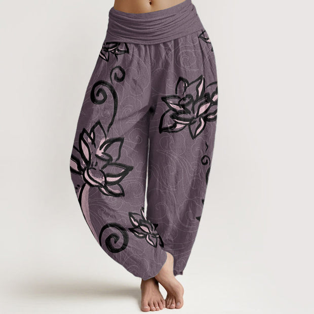 Buddha Stones Pure Cotton Casual Lotus Auspicious Clouds Design Women's Elastic Waist Harem Pants