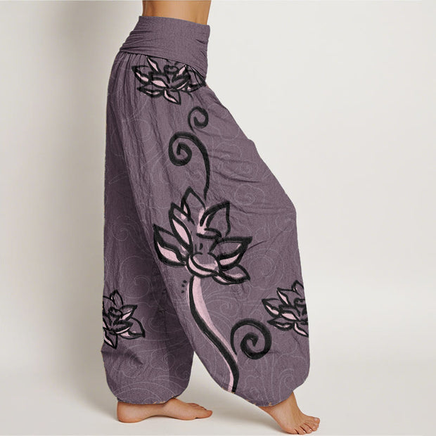 Buddha Stones Pure Cotton Casual Lotus Auspicious Clouds Design Women's Elastic Waist Harem Pants