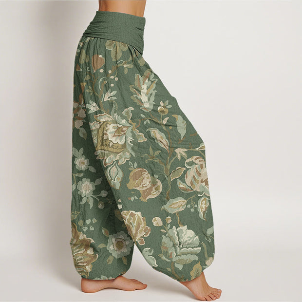 Buddha Stones Pure Cotton Casual Blooming Flowers Buds Design Women's Elastic Waist Harem Pants