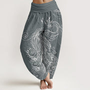 Buddha Stones Pure Cotton Casual Peacock Design Women's Elastic Waist Harem Pants
