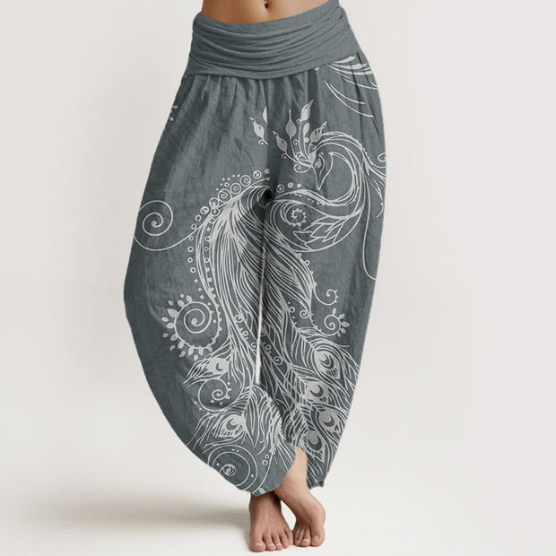 Buddha Stones Pure Cotton Casual Peacock Design Women's Elastic Waist Harem Pants