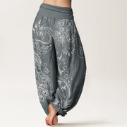 Buddha Stones Pure Cotton Casual Peacock Design Women's Elastic Waist Harem Pants