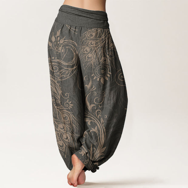 Buddha Stones Pure Cotton Casual Peacock Design Women's Elastic Waist Harem Pants