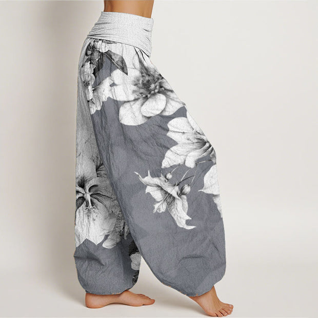 Buddha Stones Pure Cotton Camellia Pattern Women's Elastic Waist Harem Pants