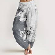 Buddha Stones Pure Cotton Camellia Pattern Women's Elastic Waist Harem Pants