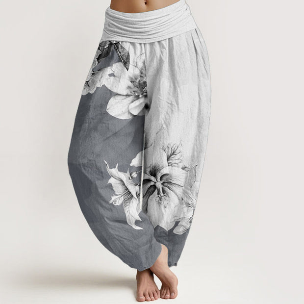 Buddha Stones Pure Cotton Camellia Pattern Women's Elastic Waist Harem Pants