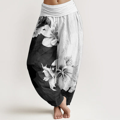 Buddha Stones Pure Cotton Camellia Pattern Women's Elastic Waist Harem Pants