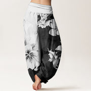 Buddha Stones Pure Cotton Camellia Pattern Women's Elastic Waist Harem Pants