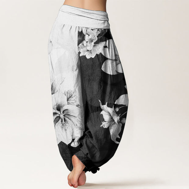 Buddha Stones Pure Cotton Camellia Pattern Women's Elastic Waist Harem Pants