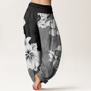 Buddha Stones Pure Cotton Camellia Pattern Women's Elastic Waist Harem Pants