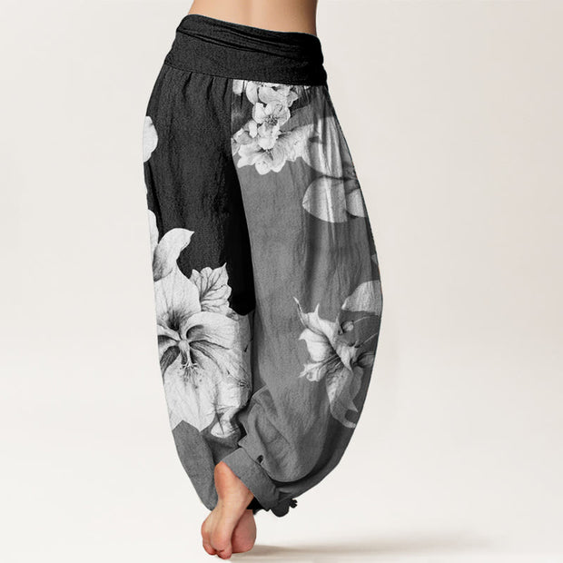 Buddha Stones Pure Cotton Camellia Pattern Women's Elastic Waist Harem Pants