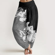 Buddha Stones Pure Cotton Camellia Pattern Women's Elastic Waist Harem Pants