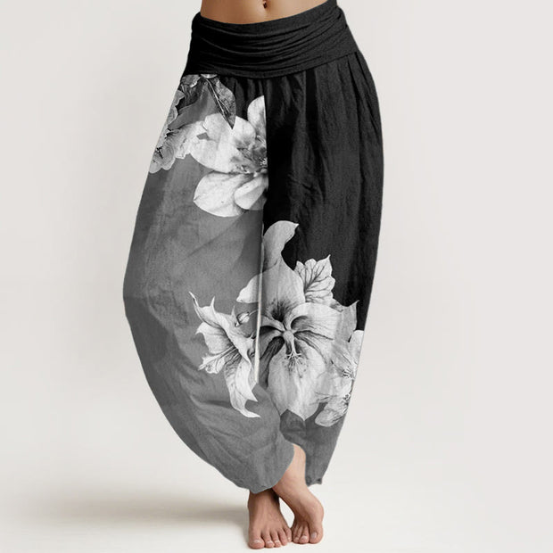 Buddha Stones Pure Cotton Camellia Pattern Women's Elastic Waist Harem Pants