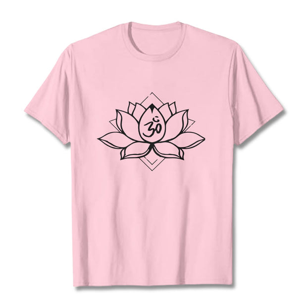 Buddha Stones Blooming Lotus Om Sanskrit Pattern Cotton Tee T-shirt