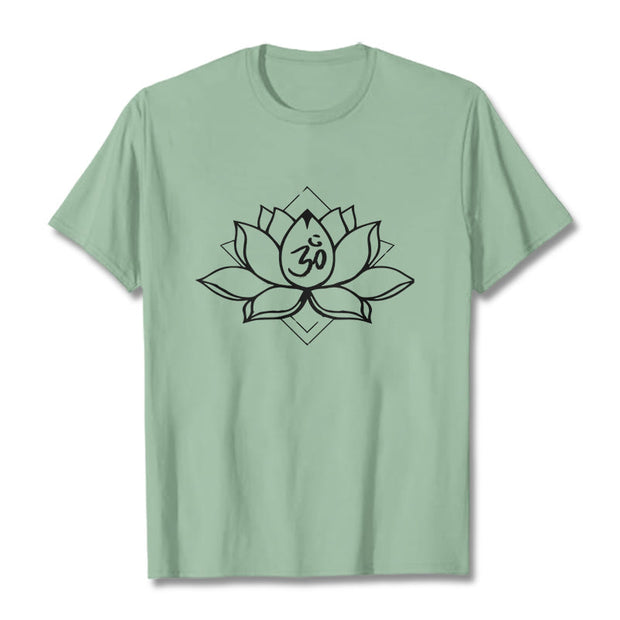 Buddha Stones Blooming Lotus Om Sanskrit Pattern Cotton Tee T-shirt