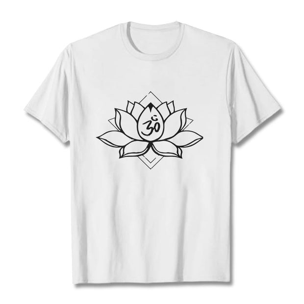 Buddha Stones Blooming Lotus Om Sanskrit Pattern Cotton Tee T-shirt