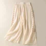 Buddha Stones Ethnic Embroidery Drawstring Cotton Linen Women's High Waist Wide Leg Pants With Pockets