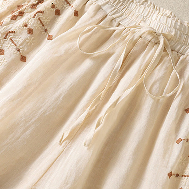 Buddha Stones Ethnic Embroidery Drawstring Cotton Linen Women's High Waist Wide Leg Pants With Pockets