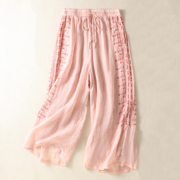 Buddha Stones Ethnic Embroidery Drawstring Cotton Linen Women's High Waist Wide Leg Pants With Pockets