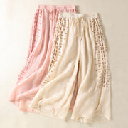 Buddha Stones Ethnic Embroidery Drawstring Cotton Linen Women's High Waist Wide Leg Pants With Pockets