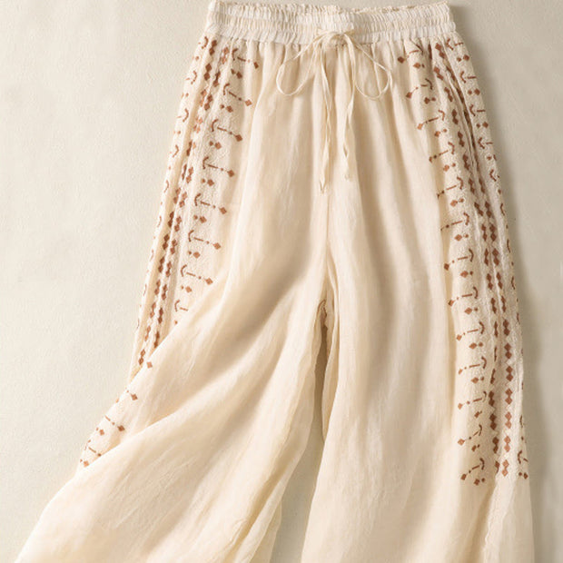 Buddha Stones Ethnic Embroidery Drawstring Cotton Linen Women's High Waist Wide Leg Pants With Pockets