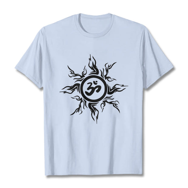 Buddha Stones Sunburst Pattern Surrounding An Om Symbol Pattern Cotton Tee T-shirt