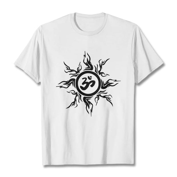 Buddha Stones Sunburst Pattern Surrounding An Om Symbol Pattern Cotton Tee T-shirt