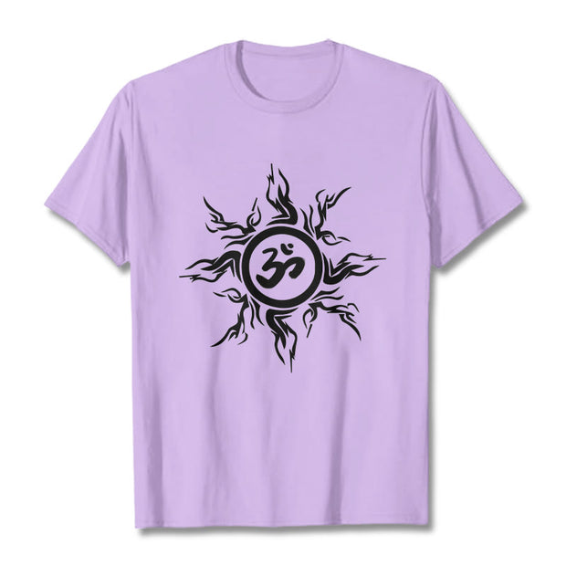 Buddha Stones Sunburst Pattern Surrounding An Om Symbol Pattern Cotton Tee T-shirt