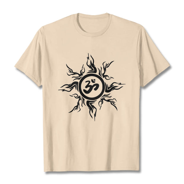 Buddha Stones Sunburst Pattern Surrounding An Om Symbol Pattern Cotton Tee T-shirt