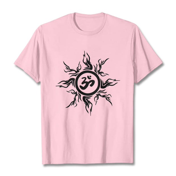 Buddha Stones Sunburst Pattern Surrounding An Om Symbol Pattern Cotton Tee T-shirt