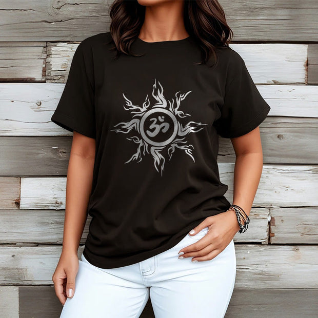 Buddha Stones Sunburst Pattern Surrounding An Om Symbol Pattern Cotton Tee T-shirt