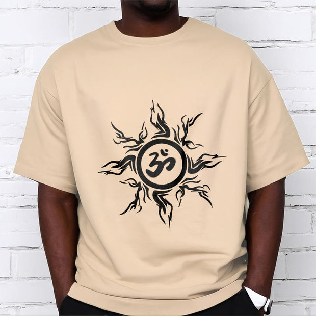 Buddha Stones Sunburst Pattern Surrounding An Om Symbol Pattern Cotton Tee T-shirt