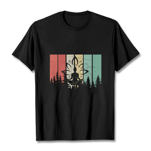 Buddha Stones Buddha Statue Meditating In Lotus Position Shadow Pattern Cotton Tee T-shirt