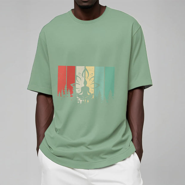 Buddha Stones Buddha Statue Meditating In Lotus Position Shadow Pattern Cotton Tee T-shirt