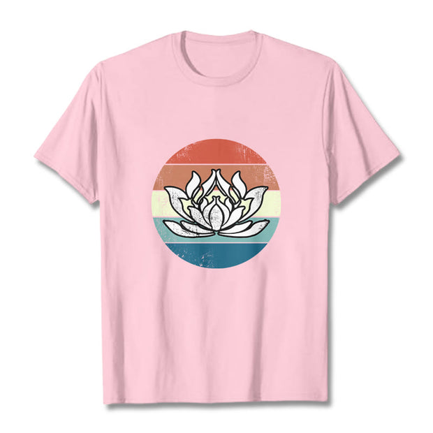 Buddha Stones Blooming Lotus Colorful Striped Pattern Cotton Tee T-shirt