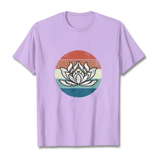 Buddha Stones Blooming Lotus Colorful Striped Pattern Cotton Tee T-shirt