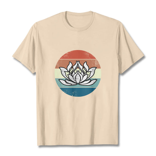 Buddha Stones Blooming Lotus Colorful Striped Pattern Cotton Tee T-shirt