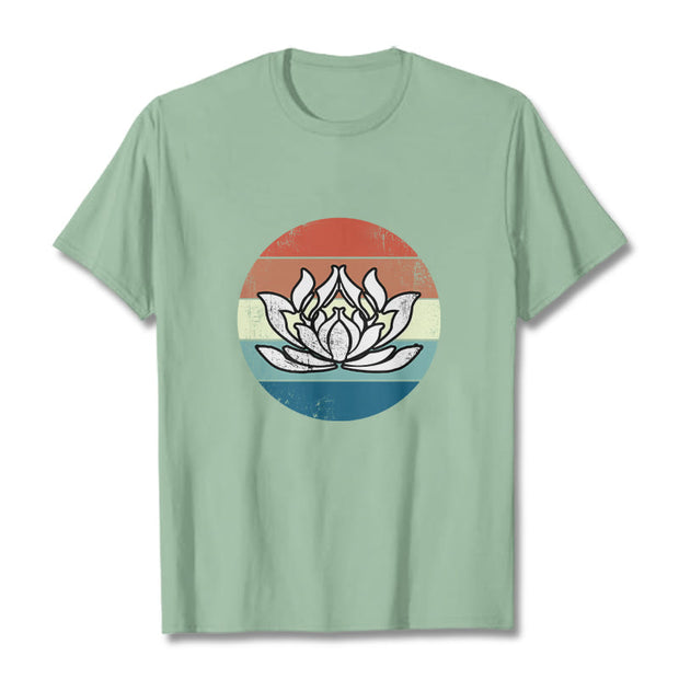 Buddha Stones Blooming Lotus Colorful Striped Pattern Cotton Tee T-shirt