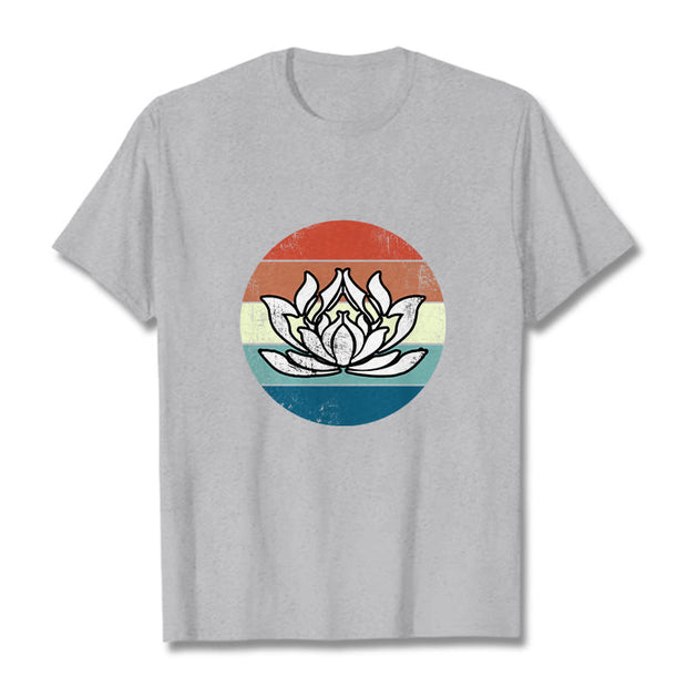 Buddha Stones Blooming Lotus Colorful Striped Pattern Cotton Tee T-shirt