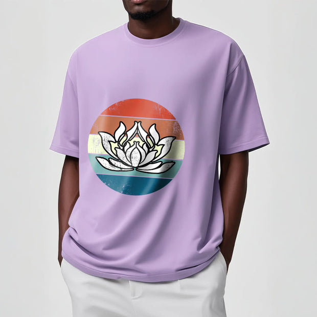 Buddha Stones Blooming Lotus Colorful Striped Pattern Cotton Tee T-shirt