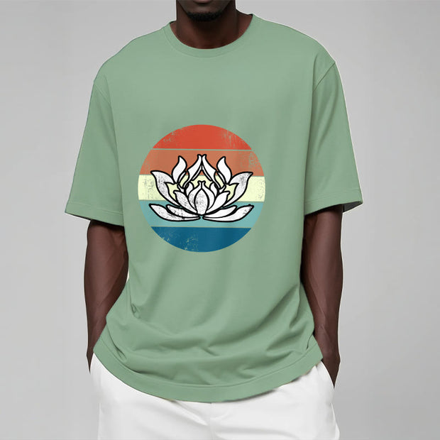 Buddha Stones Blooming Lotus Colorful Striped Pattern Cotton Tee T-shirt