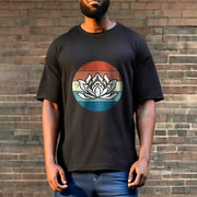 Buddha Stones Blooming Lotus Colorful Striped Pattern Cotton Tee T-shirt