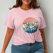 Buddha Stones Blooming Lotus Colorful Striped Pattern Cotton Tee T-shirt