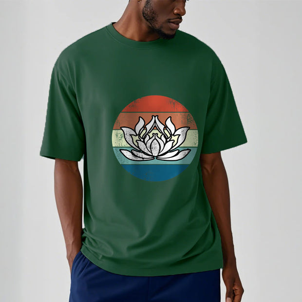 Buddha Stones Blooming Lotus Colorful Striped Pattern Cotton Tee T-shirt